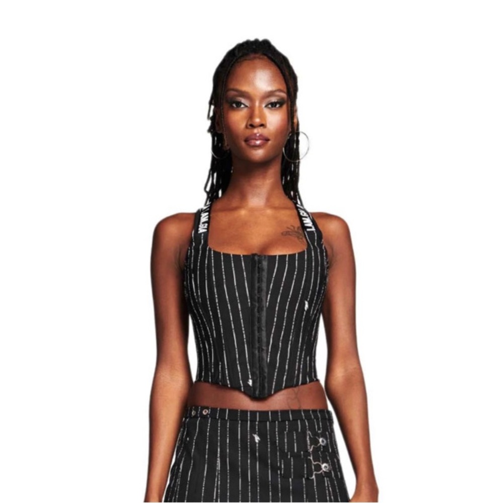 I.AM.GIA SIOBHAN BLACK STRIPED CORSET LACE UP TOP